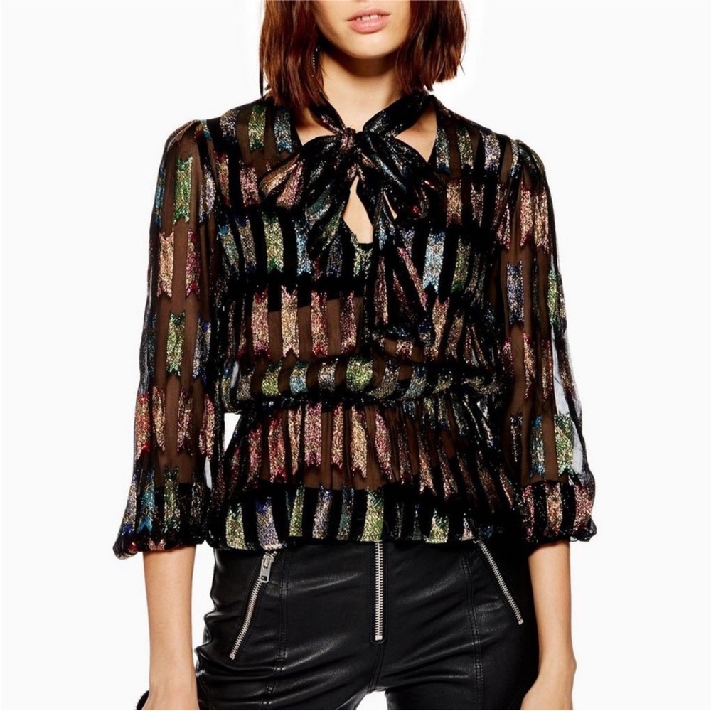 Rainbow Lamé PussyBow Blouse Size 2 Metallic